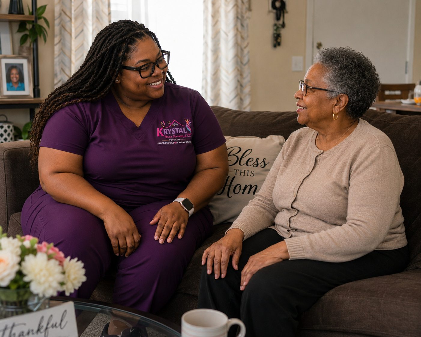 Krystal Home Services caregiver spending time with a senior client at home